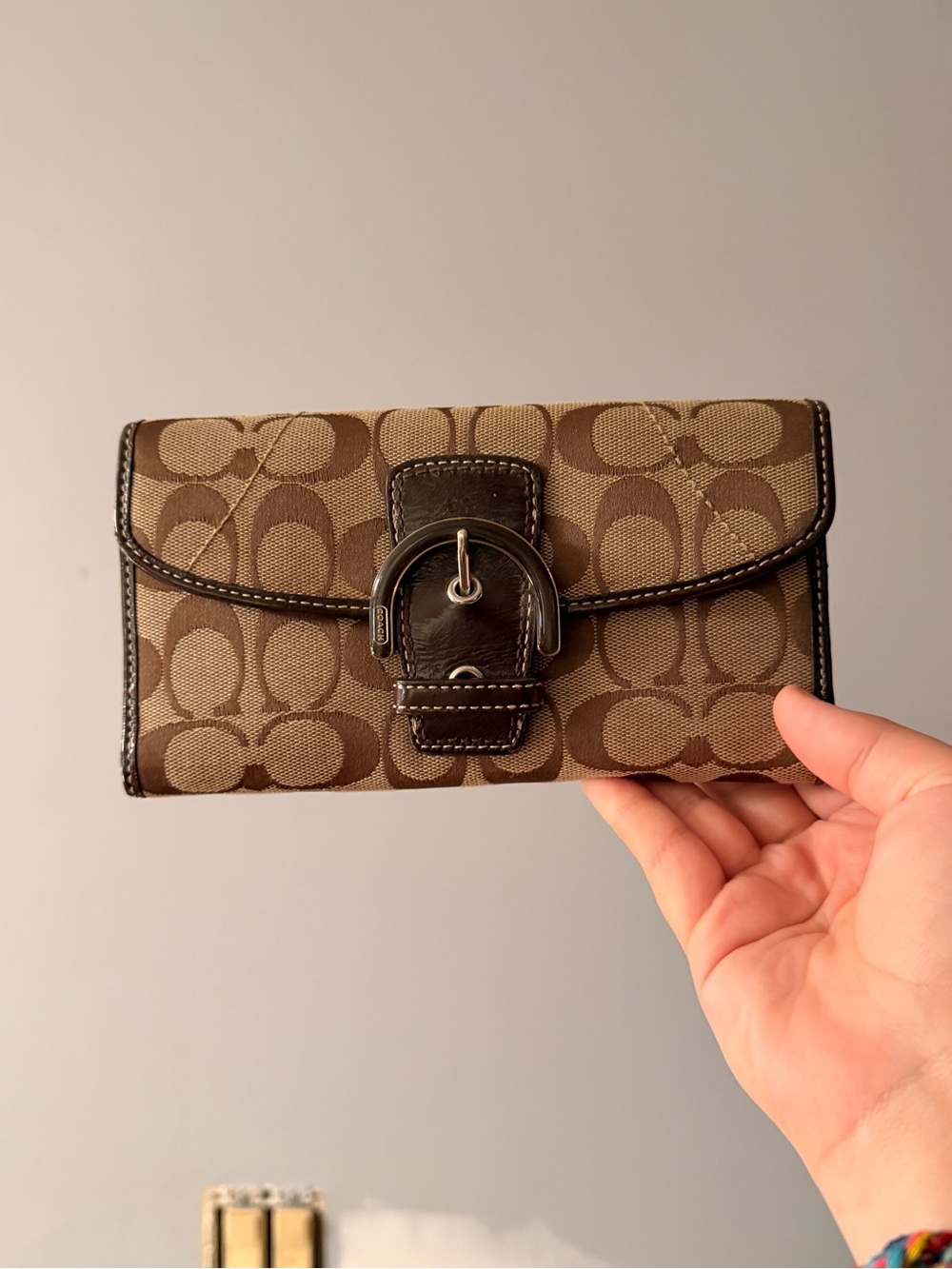 Coach Brown Signature Canvas Card Holder with Buckle Accent